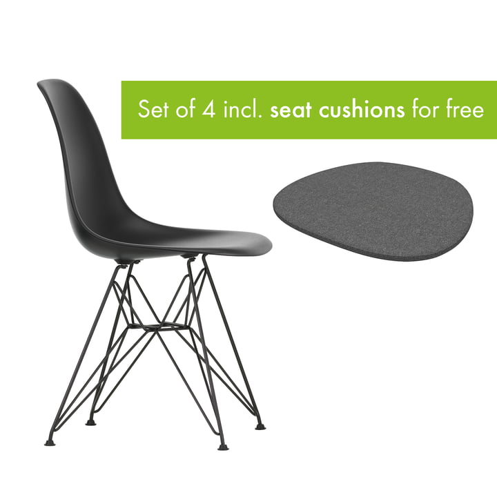 Eames Plastic Side Chair DSR from Vitra in the version basic dark / deep black incl. seat cushion in the version classic grey