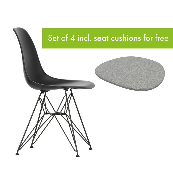 Eames Plastic Side Chair DSR from Vitra in the version basic dark / deep black incl. seat cushion in the version pebble grey
