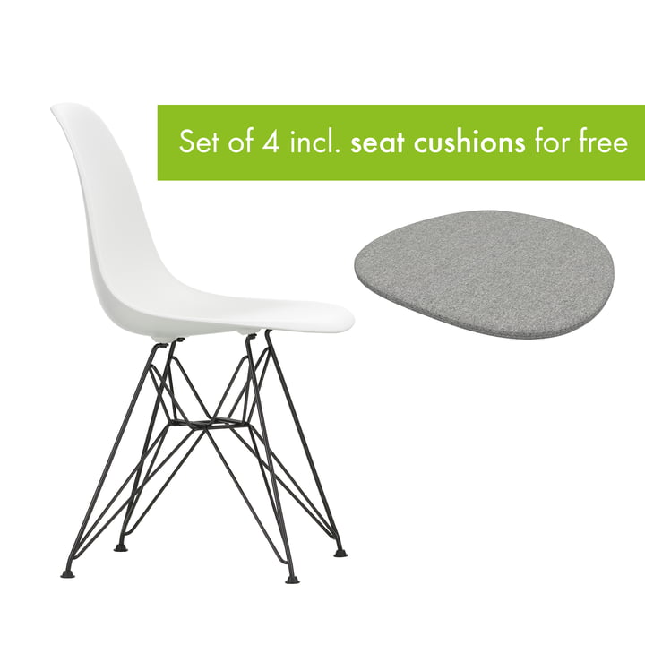 Eames Plastic Side Chair DSR from Vitra in the version basic dark / white incl. seat cushion in the version pebble grey