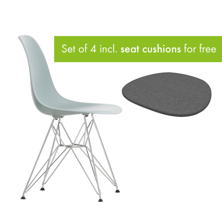 Eames Plastic Side Chair DSR from Vitra in the version chrome / light gray incl. seat cushion in the version classic gray