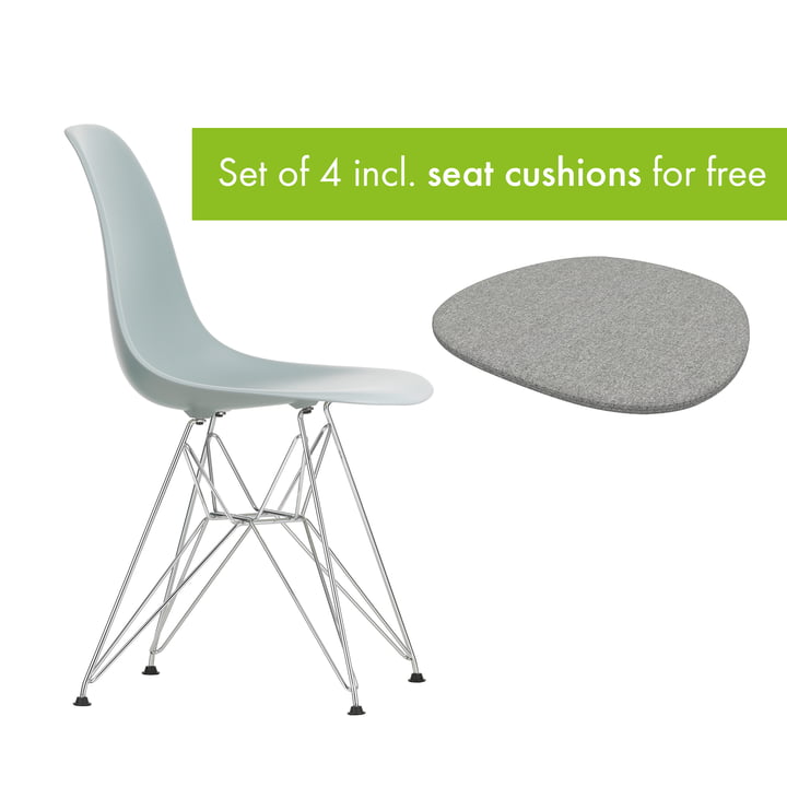 Eames Plastic Side Chair DSR from Vitra in the version chrome / light gray incl. seat cushion in the version pebble gray