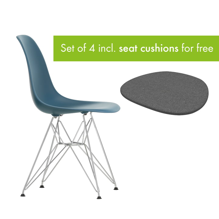 Eames Plastic Side Chair DSR from Vitra in the version chrome / sea blue incl. seat cushion in the version classic grey