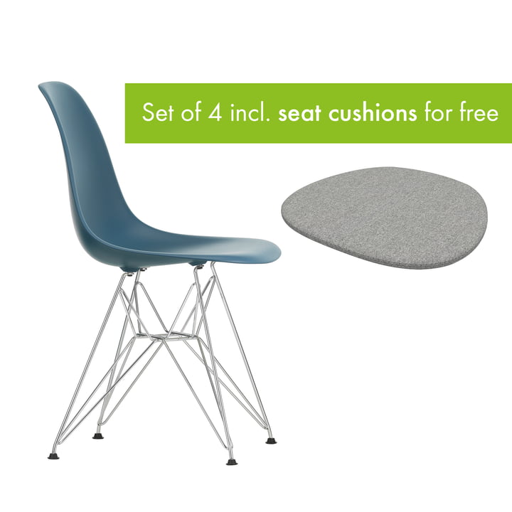 Eames Plastic Side Chair DSR from Vitra in the version chrome / sea blue incl. seat cushion in the version pebble grey