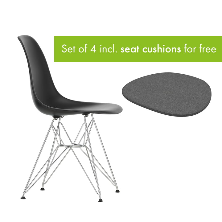 Vitra - Eames Plastic Side Chair DSR, chrome / deep black (felt glides basic dark) incl. seat cushion, classic grey, type B (set of 4)
