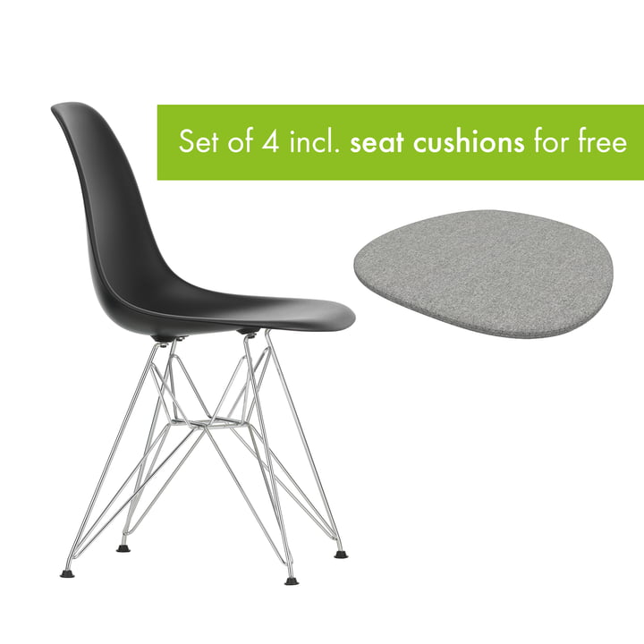 Eames Plastic Side Chair DSR from Vitra in the version chrome / deep black incl. seat cushion in the version pebble grey