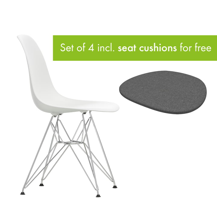 Eames Plastic Side Chair DSR from Vitra in the version chrome / white incl. seat cushion in the version classic grey