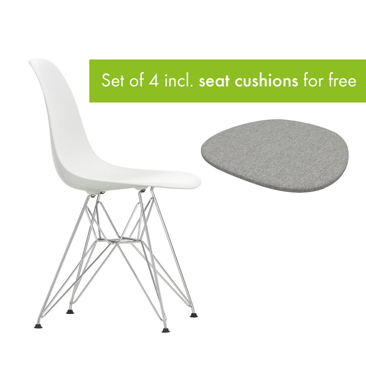 Eames Plastic Side Chair DSR from Vitra in the version chrome / white incl. seat cushion in the version pebble grey