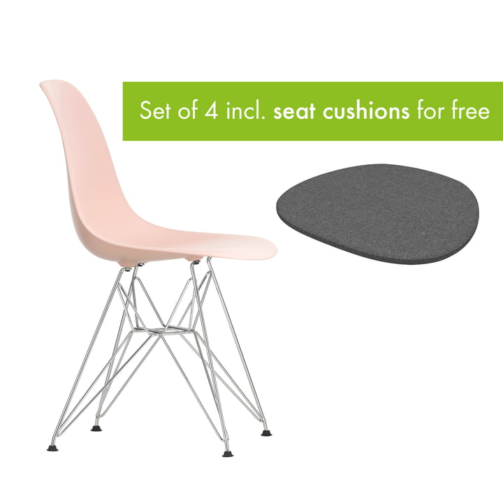 Eames Plastic Side Chair DSR from Vitra in the version chrome / pale rosé incl. seat cushion in the version classic grey