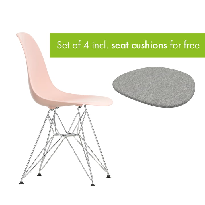 Eames Plastic Side Chair DSR from Vitra in the version chrome / pale rosé incl. seat cushion in the version pebble grey