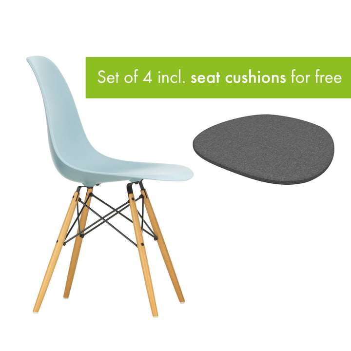Eames Plastic Side Chair DSW from Vitra in the version maple yellowish / ice gray incl. seat cushion in the version classic gray