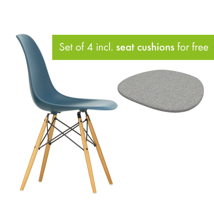 Eames Plastic Side Chair DSW from Vitra in the version maple yellowish / sea blue incl. seat cushion in the version pebble grey