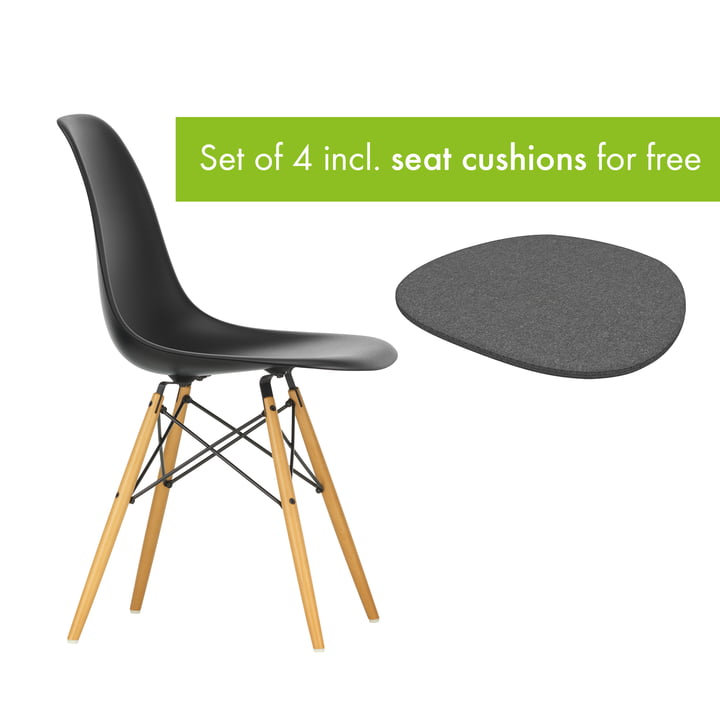Eames Plastic Side Chair DSW from Vitra in the version maple yellowish / deep black incl. seat cushion in the version classic grey