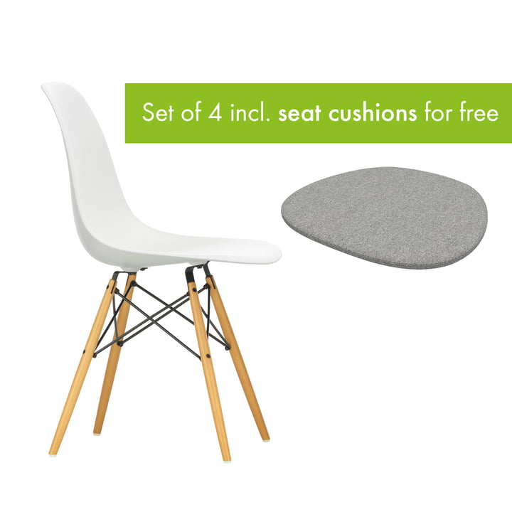 Eames Plastic Side Chair DSW from Vitra in the version maple yellowish / white incl. seat cushion in the version pebble grey