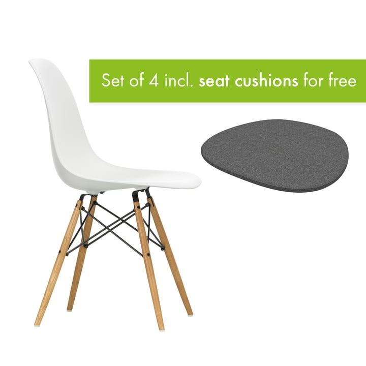 Eames Plastic Side Chair DSW from Vitra in the version ash honey / white incl. seat cushion in the version classic grey