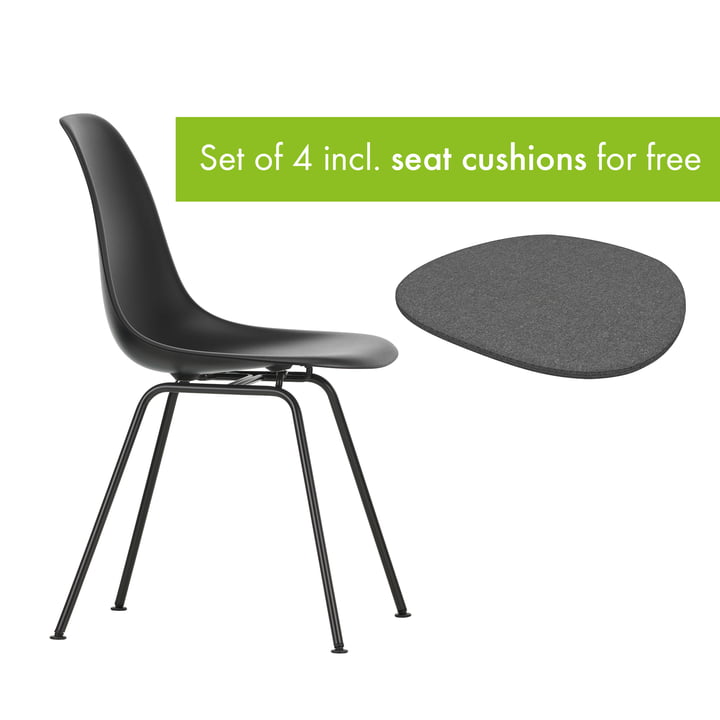 Eames Plastic Side Chair DSX from Vitra in the version deep black / basic dark incl. seat cushion in the version classic grey