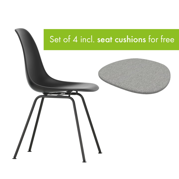 Eames Plastic Side Chair DSX from Vitra in the version deep black / basic dark incl. seat cushion in the version pebble grey