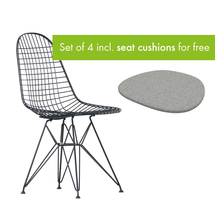 Wire Chair DKR from Vitra in the version basic dark / without cover incl. seat cushion in the version pebble grey