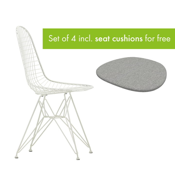 Wire Chair DKR from Vitra in white / without cover incl. seat cushion in pebble grey finish
