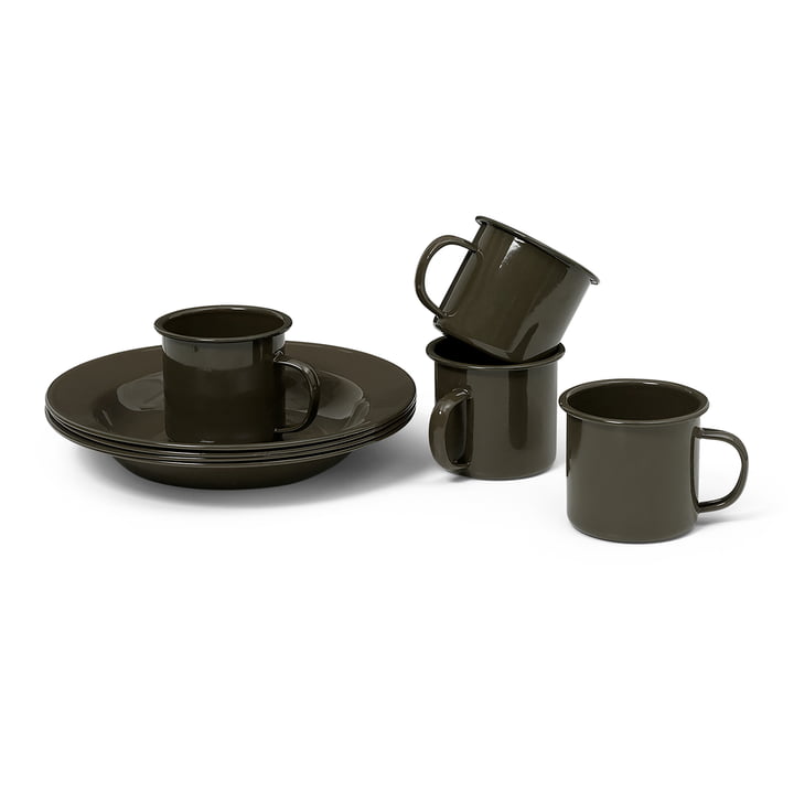Yard Picnic tableware set by ferm Living in color olive green