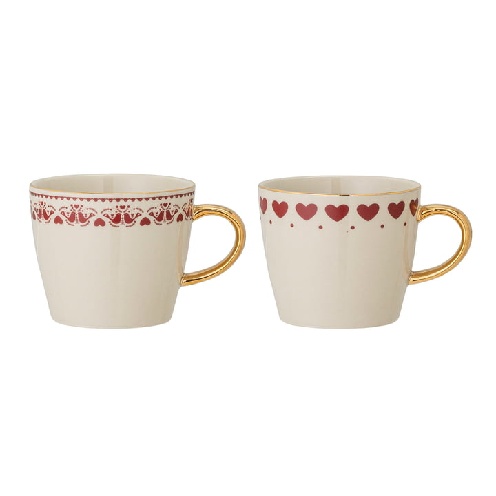 Bloomingville - Jolly Christmas mug with handle, Ø 9 cm, H 8 cm, red / white (set of 2)