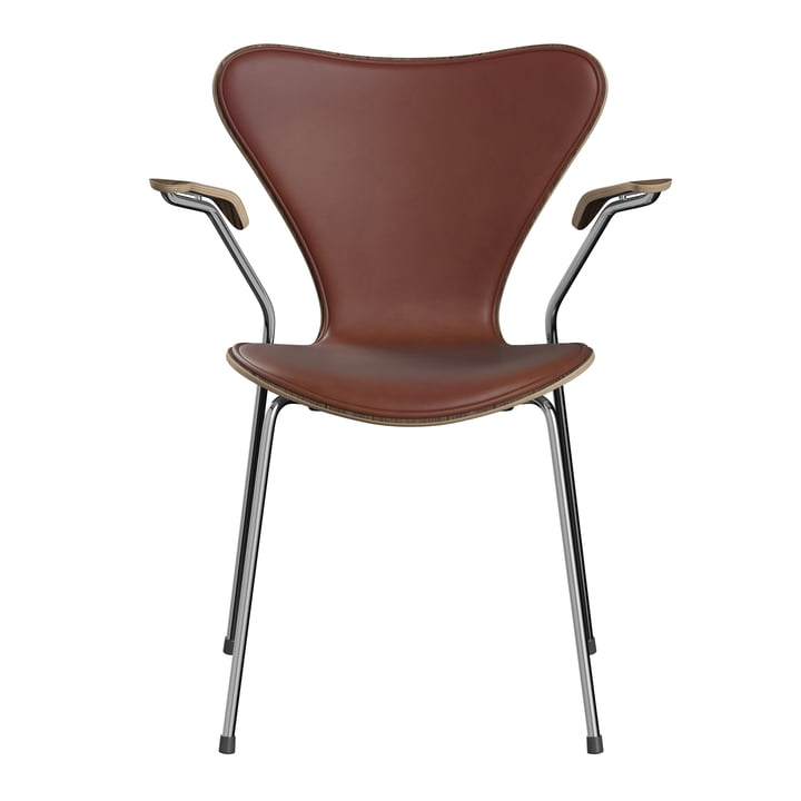 Fritz Hansen - Series 7, chair with armrests, chestnut brown leather / chrome frame