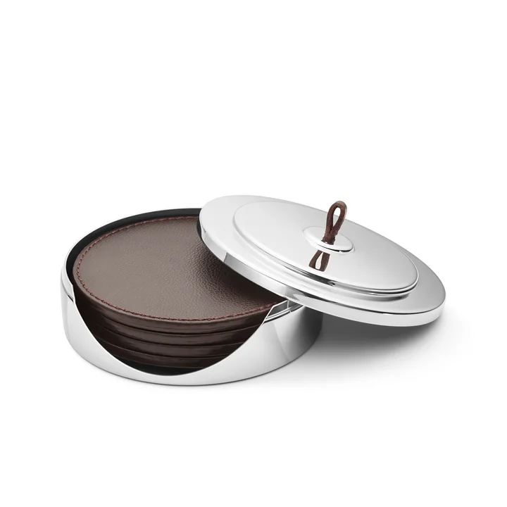 Manhattan Coaster set of 4, stainless steel / leather from Georg Jensen
