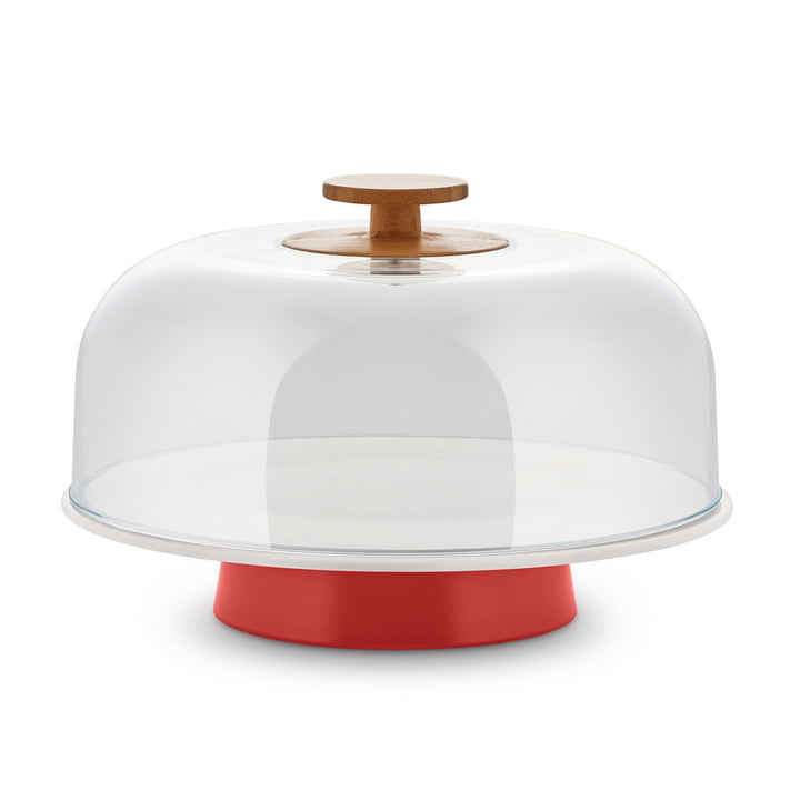 Mattina Cake plate on foot with bell from Alessi in color red
