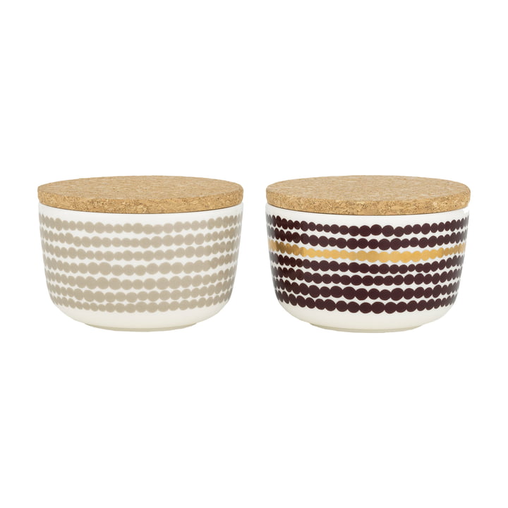 Oiva Siirtolapuutarha Bowl with lid from Marimekko in the design white / wine red / gold / clay
