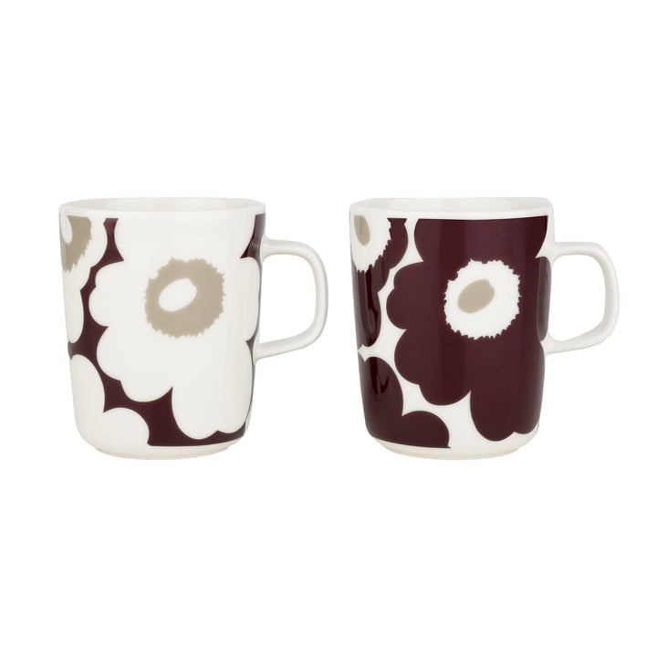 Oiva Unikko Mug with handle from Marimekko in the design white / wine red / clay