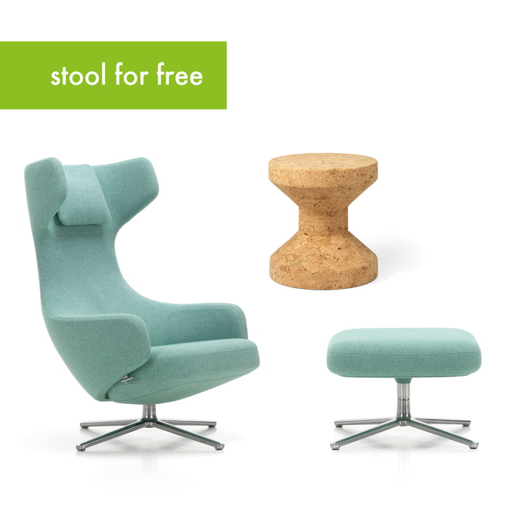 Grand Repos Armchair and Ottoman with Cork Family stool from Vitra