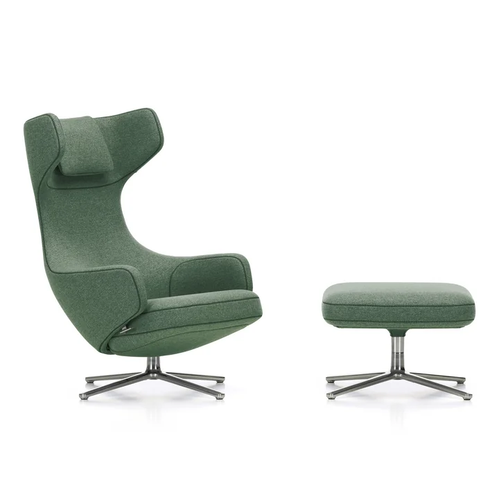 Grand Repos Armchair and Ottoman from Vitra in the version Cosy 2 reed green (cross-stitch seam) / polished aluminum