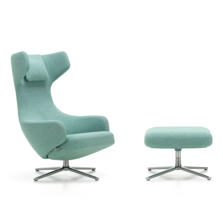 Grand Repos Armchair and Ottoman in the version Dumet pale blue / emerald (double-stitched seam) / polished aluminum