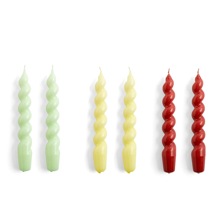 Spiral Stick candles, h 19 cm, mint / citrus / burgundy (set of 6) by Hay