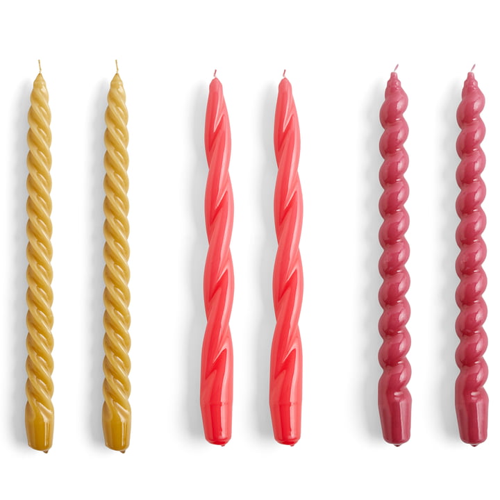 Spiral Stick candles, H 29 cm, mustard / raspberry / dark punch (set of 6) by Hay