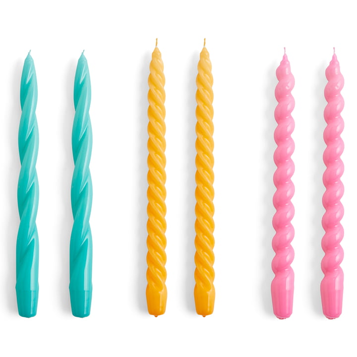Spiral Stick candles, H 29 cm, green aqua / warm yellow / dark pink (set of 6) by Hay