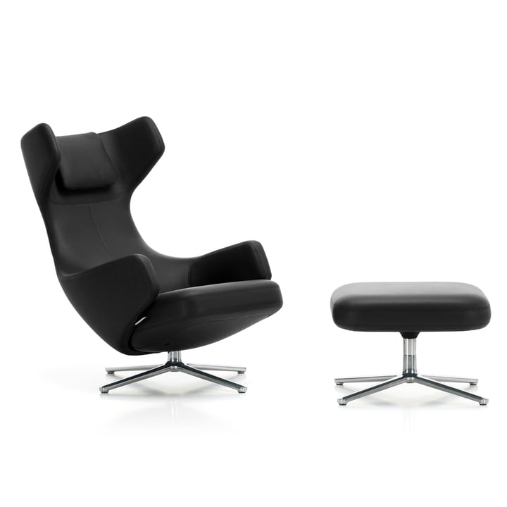 Grand Repos and ottoman from Vitra in the finish aluminum polished / nero leather