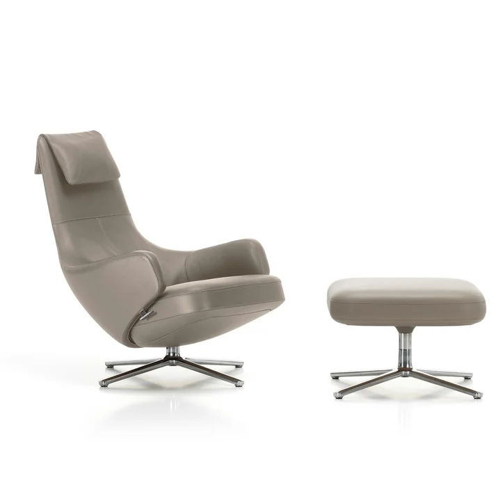 Repos Armchair and ottoman from Vitra in the finish leather premium sand, polished aluminum