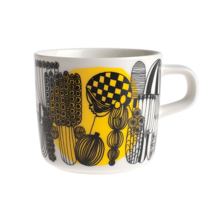 Oiva Siirtolapuutarha Mug with handle 200 ml, white / black / yellow from Marimekko