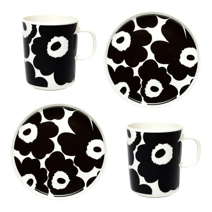 Oiva Unikko Mug with handle & plate, white / black (set of 4) (Winter 2022) by Marimekko