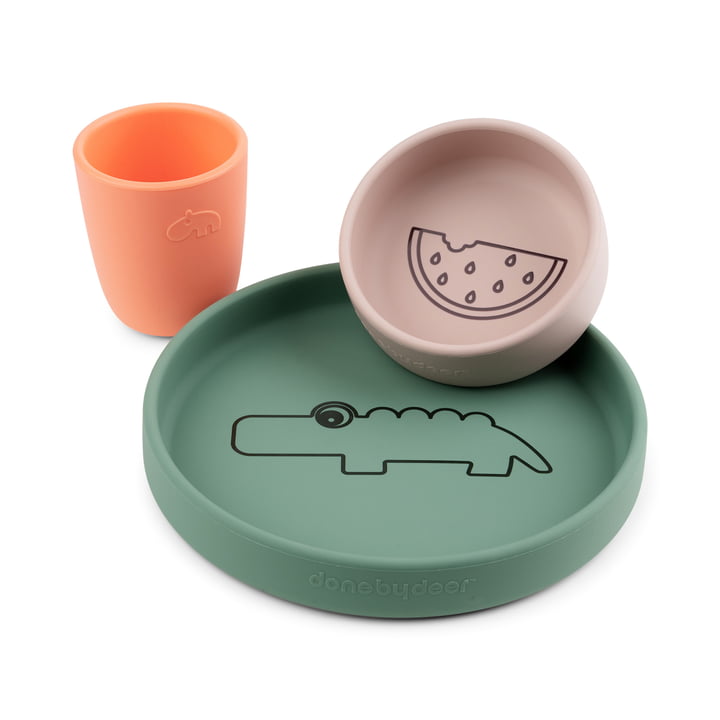 Silicone Croco Tableware Set Green/Pink/Coral by Done by Deer
