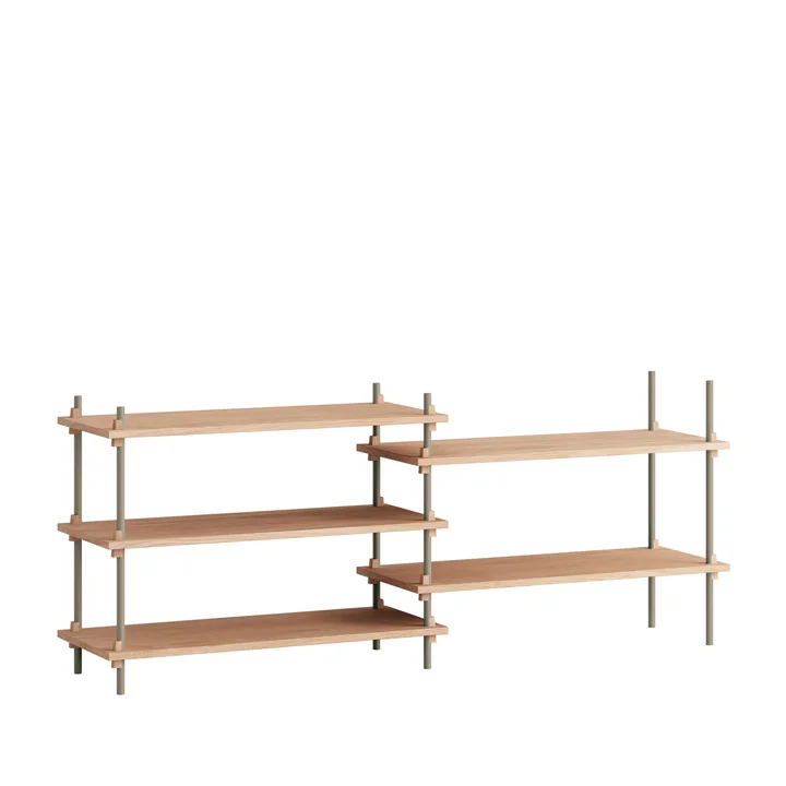 Shelving System Low Double from Moebe in the finish oiled oak / warm gray