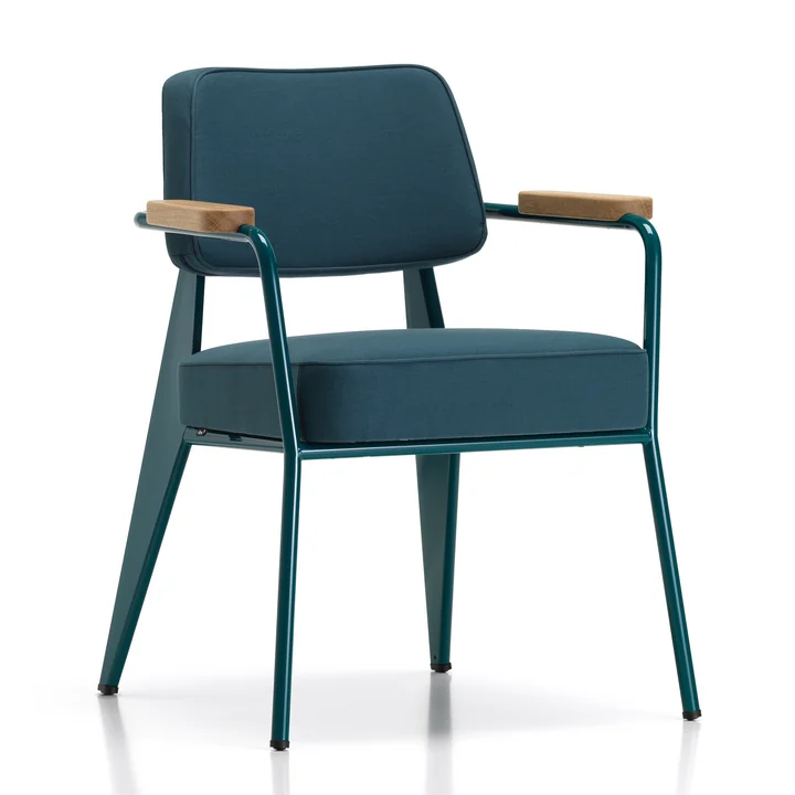 Vitra - Fauteuil Direction Armchair, natural oak / Prouvé Bleu Dynastie / twill blue-gray