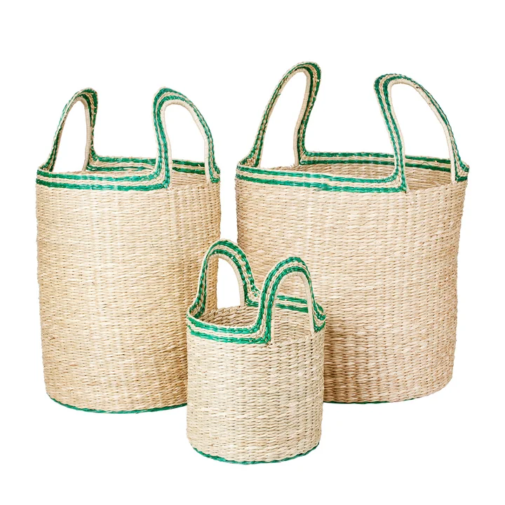 Lykke Basket from Broste Copenhagen in the natural / jelly green version (set of 3)