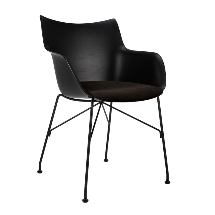 Kartell - Q/Wood armchair with seat cushion, black, frame black, seat shell black