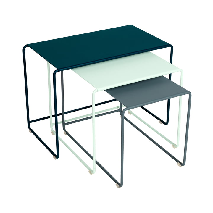 Oulala Set of tables from Fermob in the version acapulco blue / thunder gray / glacier mint