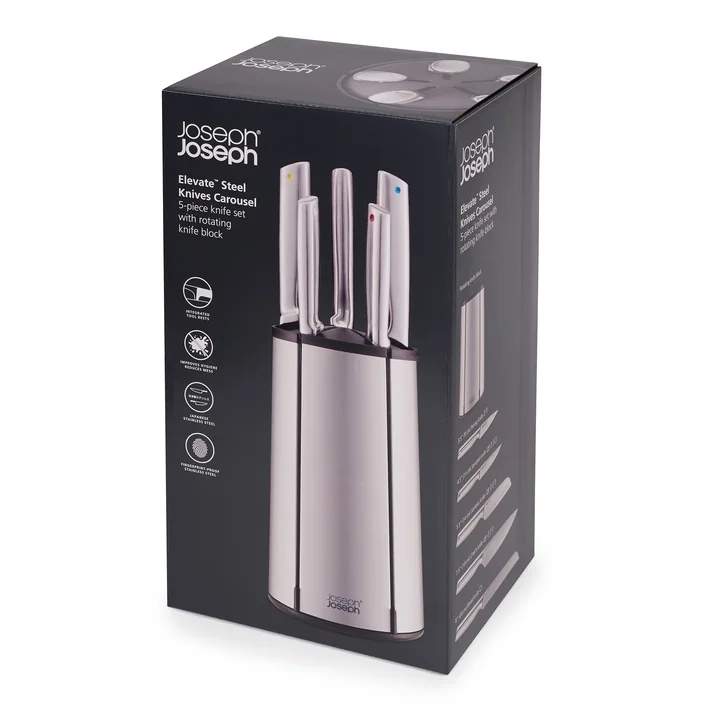 Elevate Knife carousel, 5-piece knife set with rotating knife block, stainless steel by Joseph Joseph