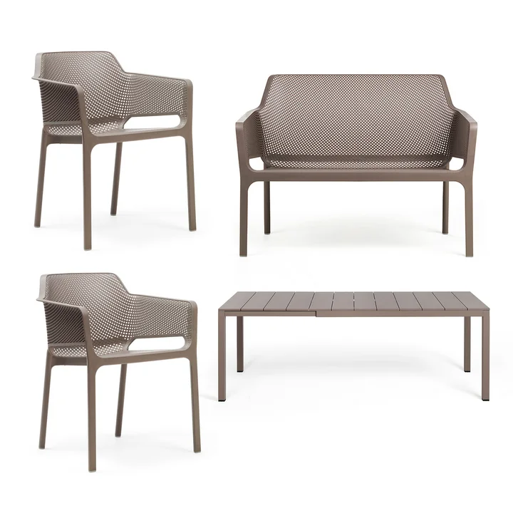 Nardi - Rio Alu Extending Table 140 + Net Bench + 2x Net Armchair, tortora