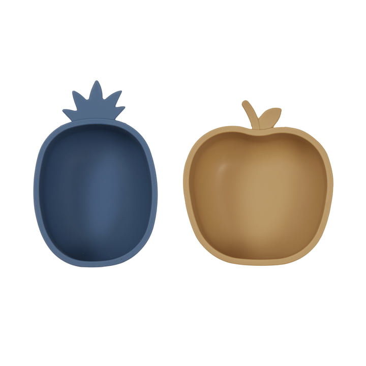 Snack bowls, pineapple & apple, blue / light rubber (set of 2) by OYOY