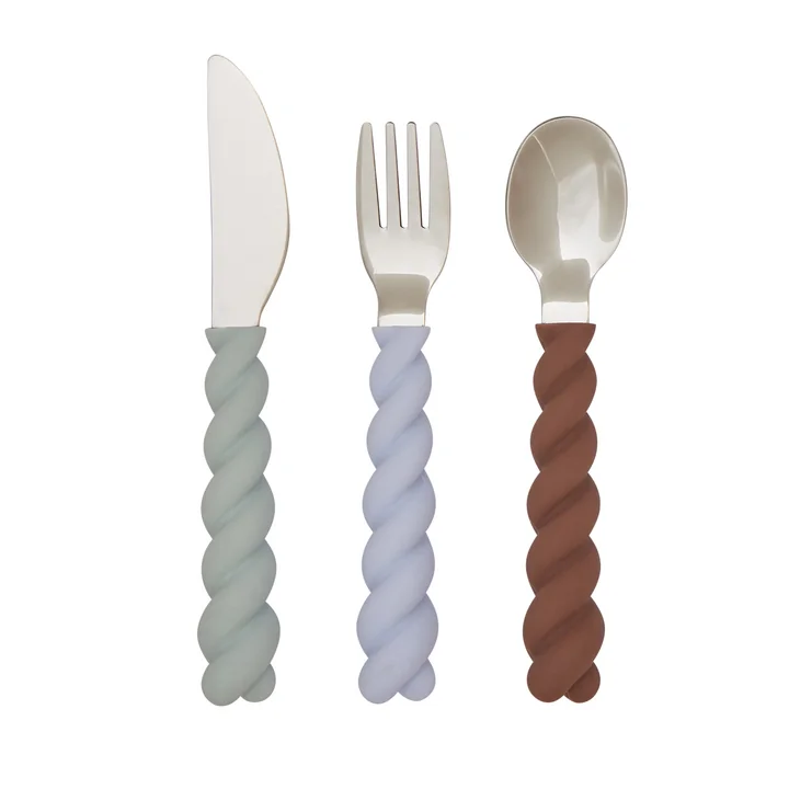 Mellow Children's cutlery, pale mint / choco / iceblue (set of 3) by OYOY