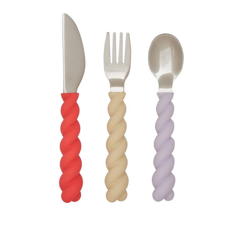 Mellow Children's cutlery, lavender / vanilla / cherry red (set of 3) by OYOY